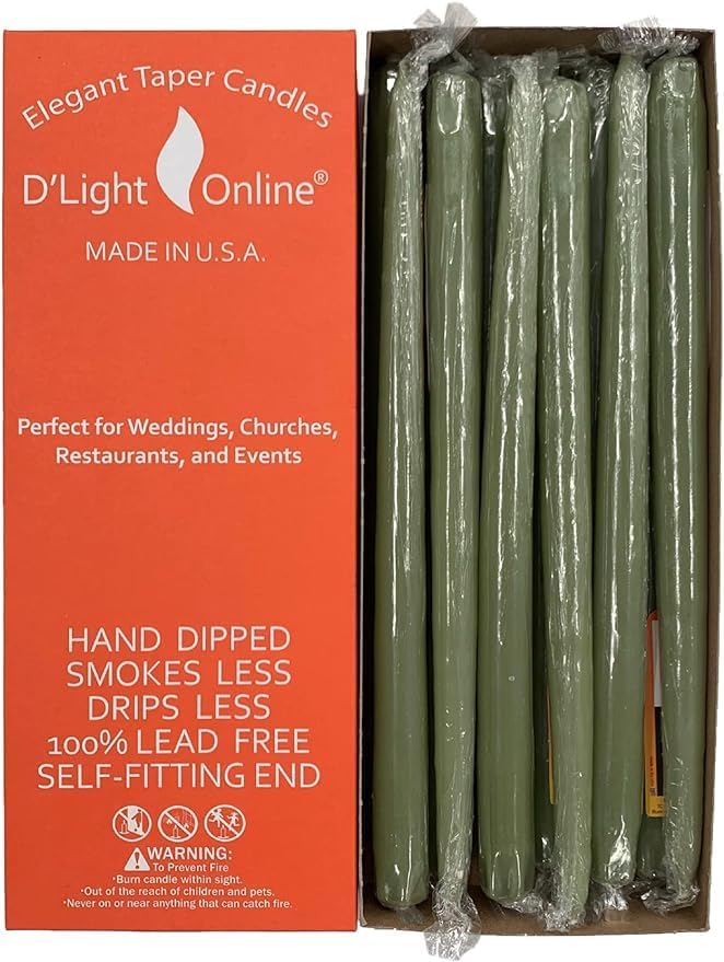 D'light Online Elegant 10" Olive Green Taper Candles Premium Quality Candles, Unscented, Hand-Dipped, Dripless and Smokeless Taper Candles - Individually Wrapped (10 Inch, Basil)