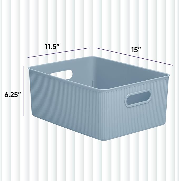 Superio Ribbed Collection - Decorative Plastic Basket Open Home Storage Bins Organizer, Large Blue (2 Pack) Container Boxes for Organizing Closet Storage Bins for Shelves 15 Liter/16 Quart