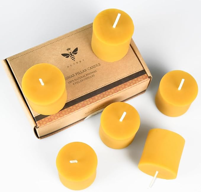 DEYBBY Natural Beeswax Pillar Candle -2x2 inch Smokeless Dripless Candles Set of 6 -Small Yellow Pure Beeswax Candles with Natural Scent for Family Church Prayer Home Decor, Each 13 Hours Burning