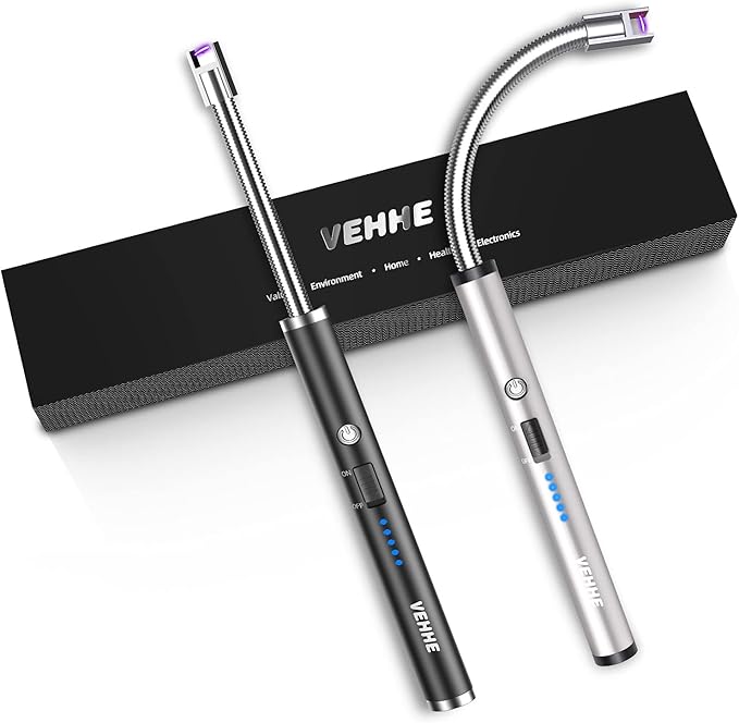 VEHHE Candle Lighter, 2 Pack Rechargeable Electric Lighter with LED Battery Display Safety Switch, Flexible Neck USB Lighters for Candles Camping Grill Gas Stoves Cooking (Black and Silver)