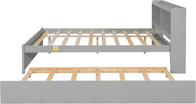 Harper & Bright Designs Full Size Bed Frame with Trundle, Full Size Platform Bed with Twin Trundle Under, Grey
