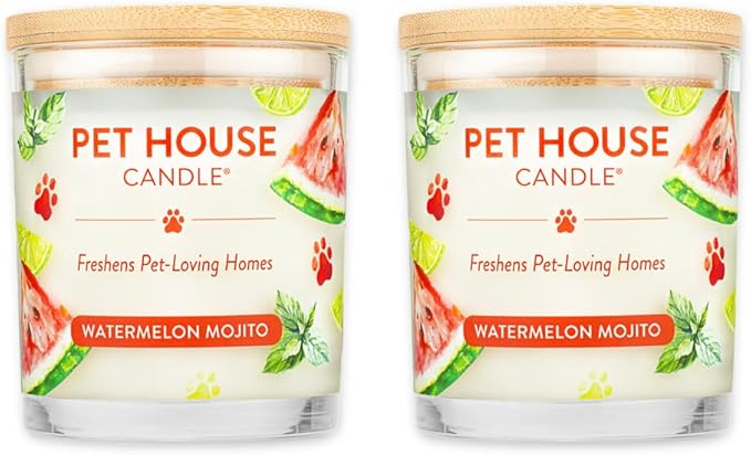 Pet House Candles, Soy-Based, Long Burning Scented Candles for Pet Homes, 60 Hour Burn Time - Watermelon Mojito, 9 oz, 2 Pack