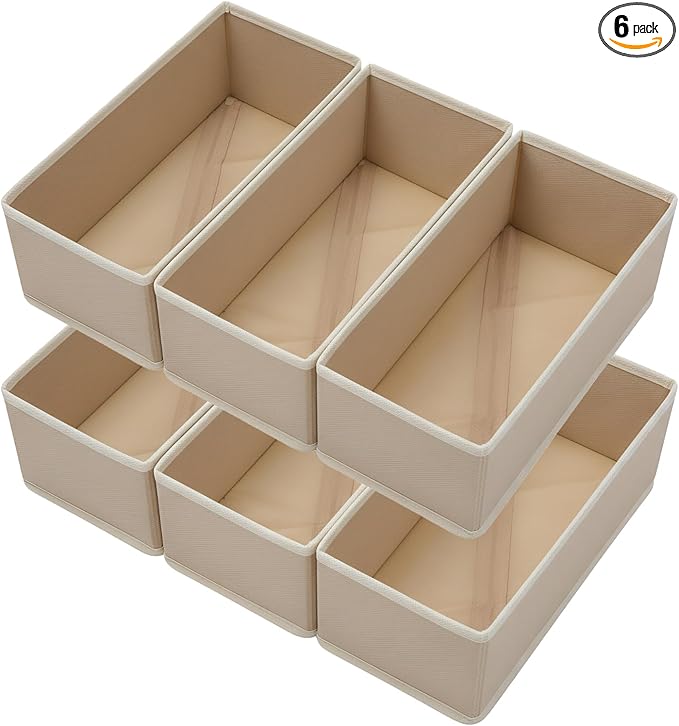 Sock Drawer Organizer 6 Pack - Collapsible Fabric Storage Bins for Underwear Divider, Small Closet Organizers with 6 Compartments, Khaki