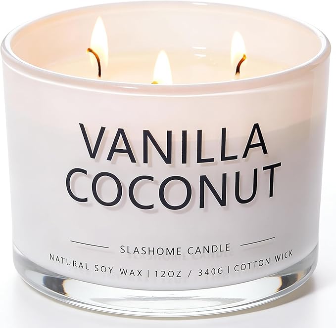 Vanilla Coconut Scented Candle, Luxury Large 3 Wick Soy Candle 12 Oz, 60+ Hour Long Lasting Clean Burn, Elegant Aromatherapy Home Decor, Valentine's Day & Housewarming & Birthday Gift for Men Women
