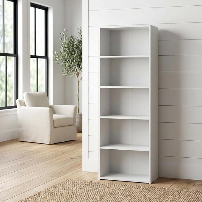 Furnifact 5-Tier Open Shelf Bookcase, Bookshelf, Storage Organizer, White, Durable Wood Construction, Multi-Functional Home Office and Living Room Display