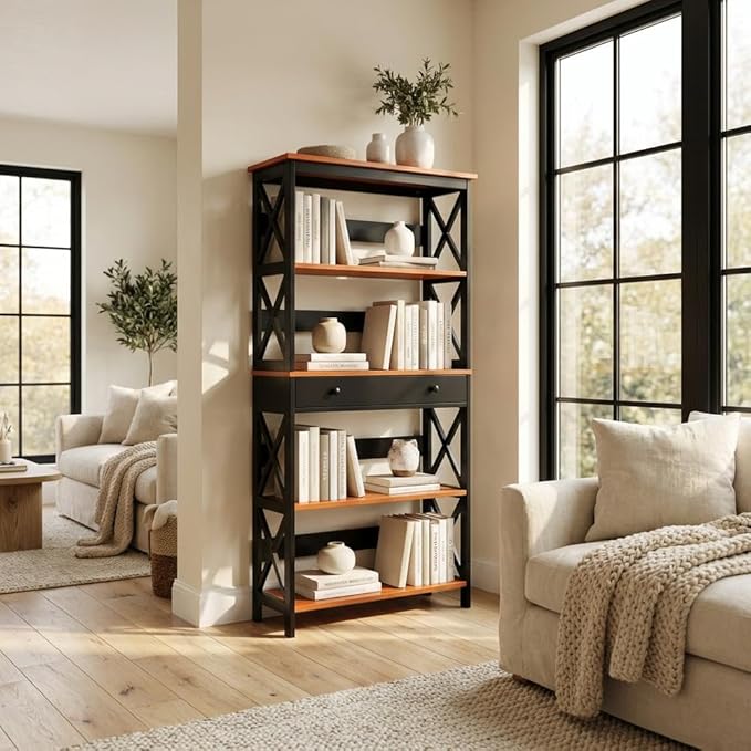 Furnifact Cherry Black 5 Tier Bookcase with Drawer, Durable Particle Board, Melamine Finish, Non Lead Base Paint, Stylish Home Office Storage Solution