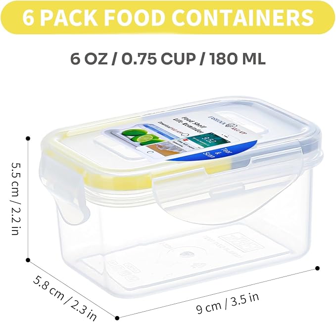KIGI Small Plastic Food Storage Container for Snack, Lunch & Meal Prep, BPA-Free, Airtight lids, Rectangular Leak-Proof Mini Bento box, 6 oz / 0.75 Cup, 12 Piece Set
