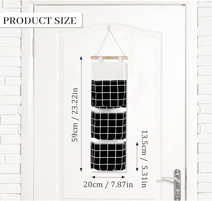 FuninCrea Wall Hanging Bag, Linen Fabric Hanging Organizer, Waterproof Storage Bag with 3 Pockets, Wall Organizer for Living Room, Bedroom, and Bathroom (Black)