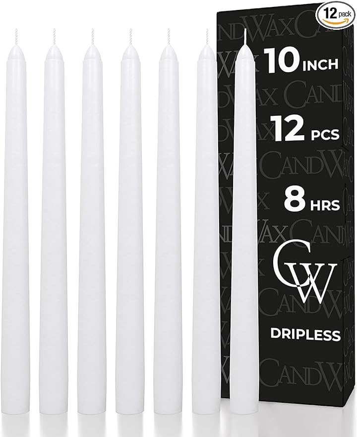 CANDWAX 10 inch White Taper Candles - Set of 12 White Candle Sticks Ideal for Christmas Decorations - Unscented Dripless Smokeless Long Burning Candlesticks - Christmas Candlesticks