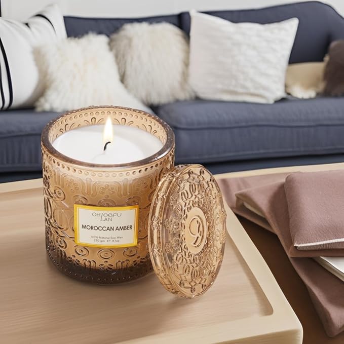 Chloefu LAN Amber Candles for Home Scented, Gifts for Women & Men, Luxury Glass Jar Candle, Natural Soy Wax, Home Decor, 55 Hours Long Burning, 8.1 oz