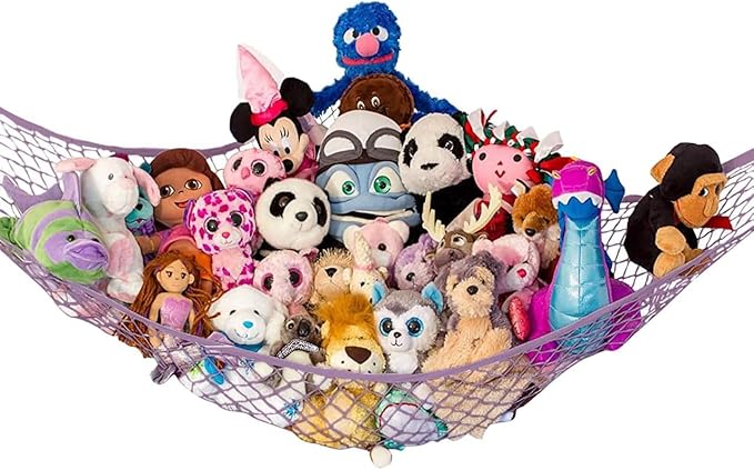 Lilly's Love Large Stuffed Animal Hammock | Corner Hanging Organizer, Stuffed Animal Storage | Easy to Hang Plushie Net w/Included Anchors & Hooks | Cute Room & Bedroom Decor (Pastel Purple)