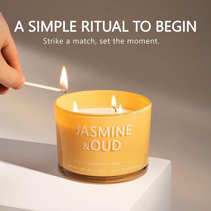 Jasmine & Oud Scented Candle, Luxury Large 3 Wick Soy Candle 12 Oz, 60+ Hour Long Lasting Clean Burn, Elegant Aromatherapy Home Decor, Housewarming & Birthday Gift for Men & Women