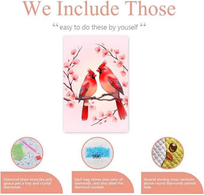 GUAIEUW Wreath of Red Birds in Love Diamond Painting Kit for Adults, Full Round Diamond Cardinal Bird 5D Diamond Painting DIY Art Crafts for Winter Home Wall Decor Holiday Gift 18x24 Inch