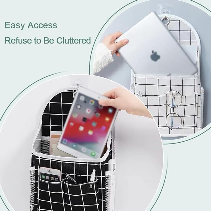 2 Pack Wall Hanging Storage Bag with Pocket, Fabric Organizer Basket with Sticky Hook, Over the Door Caddy Organizer Box for Closet Dormitory Bedroom Bathroom Kitchen (Black Plaid + White Plaid)