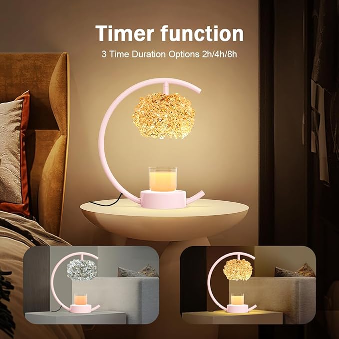 Yeuslor Pink Candle Warmer Lamp for Jar Candles with Adjustable Brightness＆Timer，Handcrafted Crystal＆Wooden Base,Candle Lamp Luxurious Design+2Bulbs,Home Decoration Electric Candle lamp(C-Shaped)