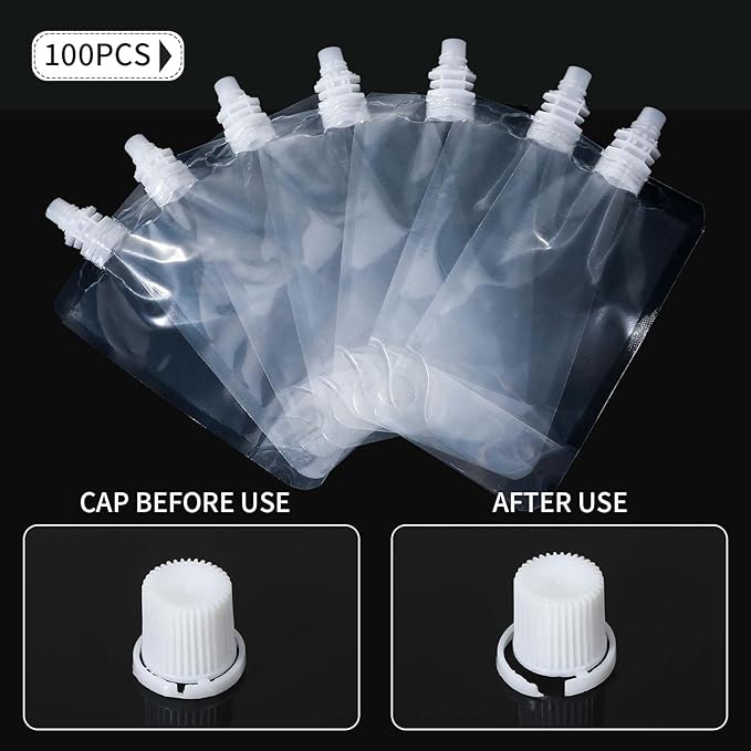 100 Pcs Plastic Pouches Bulk Clear Juice Bags Squeeze Pouches Plastic Leak Proof Bags with Funnel for Party Favors (5 oz)