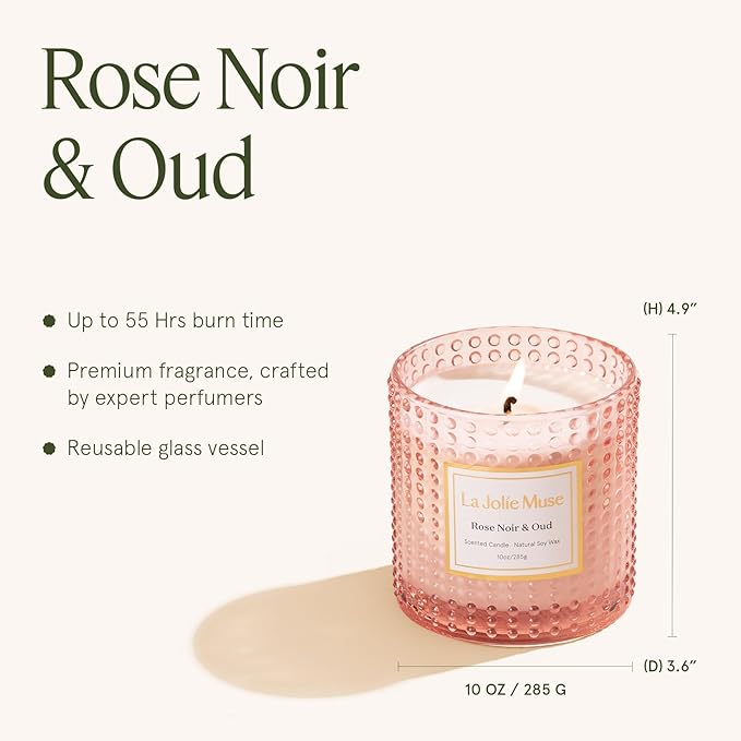 LA JOLIE MUSE Rose Noir & Oud Scented Candle – Lemon, Rose & Oud | 10 oz Natural Soy Wax | 55 Hours Clean Burn | Gift for Hosts & Gathering| Elegant Home Décor