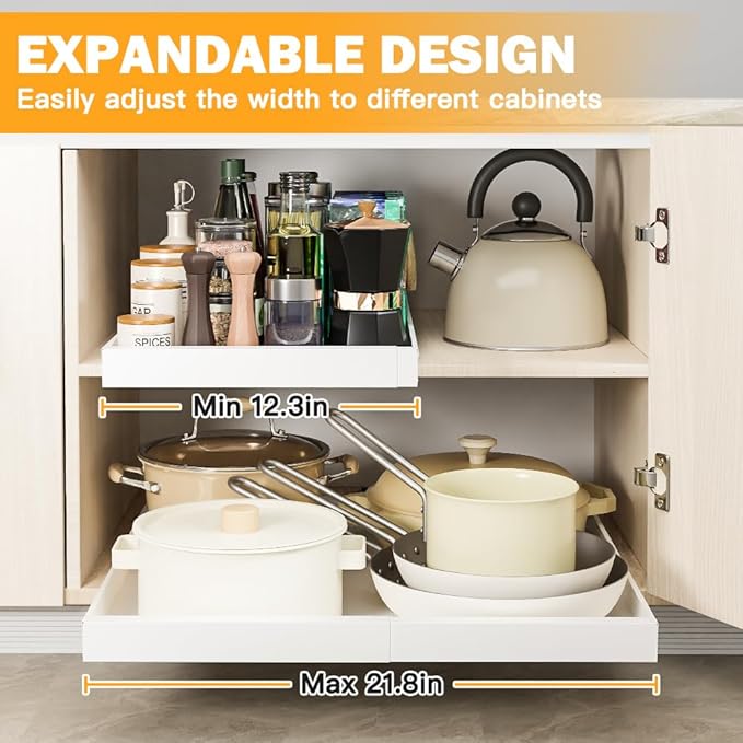 2 Pack Pull Out Cabinet Organizer, 21" Deep Expandable (12.1"-20.4") Slide Out Drawer, 3 Slide Rails Sliding Drawers for Cabinets, Roll out Shelves For Kitchen, Bathroom, Pantry Storage, White