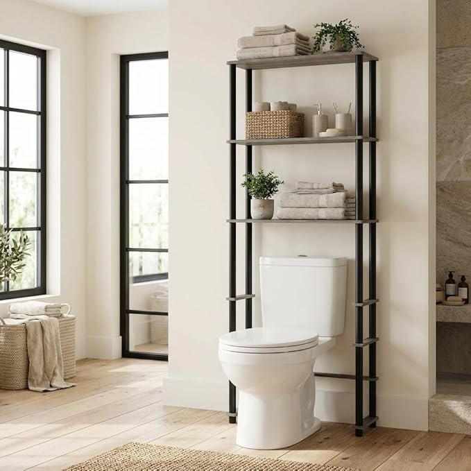 Furnifact French Oak Grey Black Toilet Space Saver with 3 Shelves, Wall-Mount Design, Modern Style, Durable Material, Ideal for Bathroom Storage