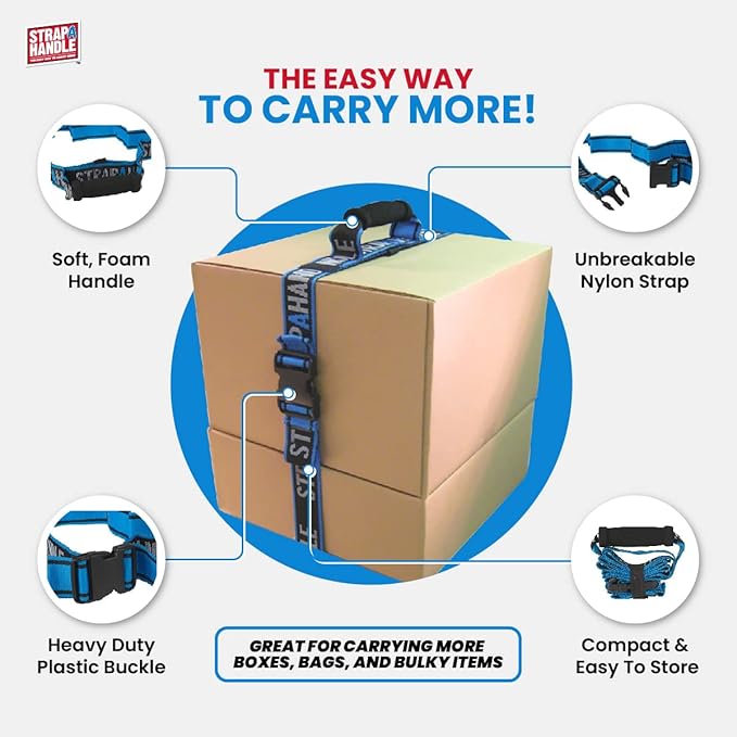 6' Carry Strap with Handle | 2-Pack | Adjustable Belt | Easy, Safe, Secure, Lifting, Moving, Carrying Heavy Boxes, Groceries | Best Luggage Strap (Strap-A-Handle 2 Pack - 6ft. Length, 40lb. Capacity)