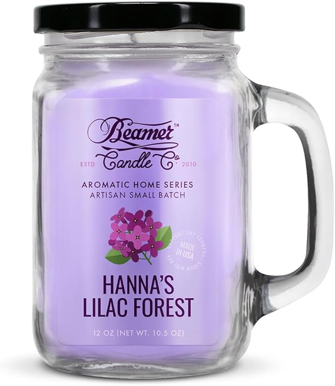 Hanna’s Lilac Forest Candle – Odor Eliminating, Strong Scent – Fresh Lilac Flowers – Long Lasting 90 Hour Burn – Large 12oz Mason Jar – Made in USA – Beamer Candle Co.