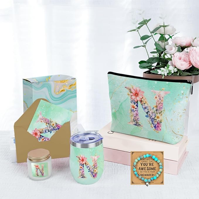 Personalized Gifts Monogrammed Birthday Gifts for Women, Colleague, Leader Mentor Female Farewell Christmas, Initial Wine Tumbler Makeup Bag Scented Candle Bracelet Set, (Aesthetic Green Flower N)