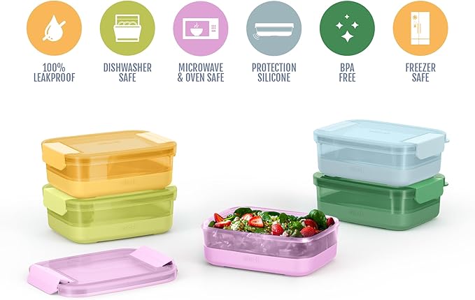 Ello Plastic 3.7 Cup Meal Prep Set 10 Pc, 5 Pack Set - BPA Free Plastic Food Storage Container with Silicone Boot and Airtight Plastic Lids, Dishwasher, Microwave, and Freezer Safe, Meadow