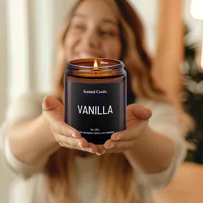 Luxury Vanilla Scented Candles Gift Set-100% Natural Soy Wax, 50H Clean Burn, Hand-Poured, Relaxing Aromatherapy for Home, Bedroom,Yoga&Spa, 9oz-255g