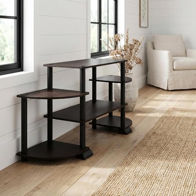 Furnifact Black Rounded Corner TV Entertainment Center, Modern Design, Composite Wood, PVC Tubes, Stylish Espresso/Black Finish, Living Room Setup