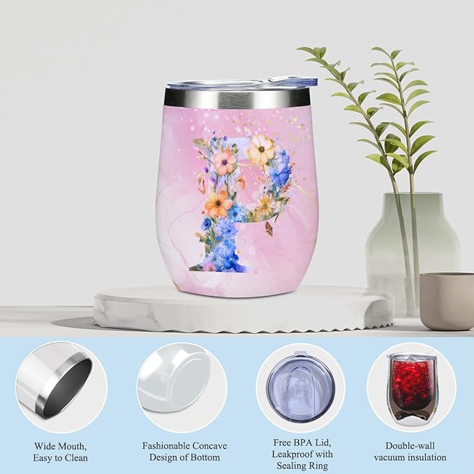 Personalized Gifts for Women Monogrammed Birthday Gifts for Women, Wife Girlfriend Wedding Christmas, Initial Wine Tumbler Makeup Bag Scented Candle Bracelet Set, (Aesthetic Pink Flower P)