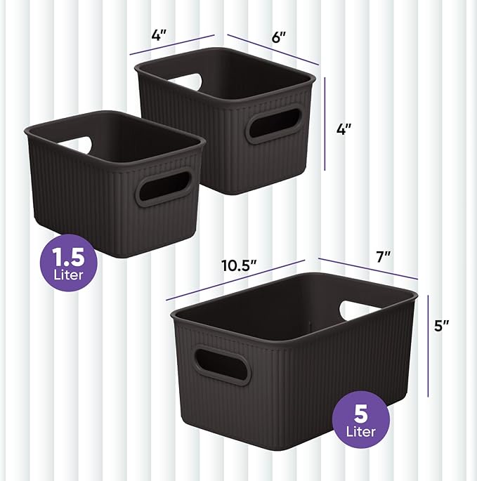 Superio Decorative Plastic Basket Open Home Storage Bins Organizer, Brown (Set of 3) 1 Medium, 2 Small - Container Boxes for Organizing Closet Storage Bins for Shelves - Ribbed Collection