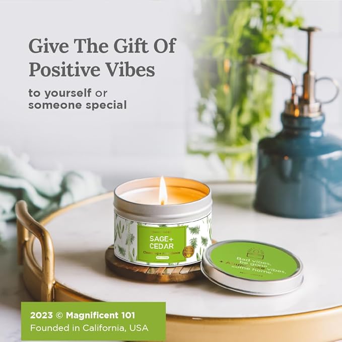 Magnificent 101 Long Lasting Sage + Cedar Smudge Candle - 6 Oz - 35 Hour Burn - Made of Soy Wax for Energy Cleansing & Manifestation - Let Abundance Flow Like an Endless River - Soy Candles