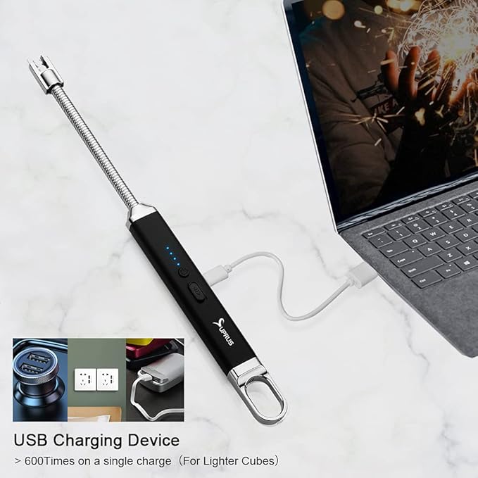 SUPRUS Lighter Rechargeable USB Lighter Arc Electric Lighetrs with Safety Switch 360° Flexible Neck Flameless Grill Long Lighters for Candle Camping Cooking (Black)