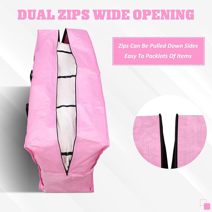 Windyun 4 Pack 57 Gallon Extra Large Moving Bags XXL Heavy Duty Storage Bag with Strong Zipper Handle Jumbo Big Tote Box Foldable for College Dorm Travel Clothes Duffle Blanket Pillow(Pink)