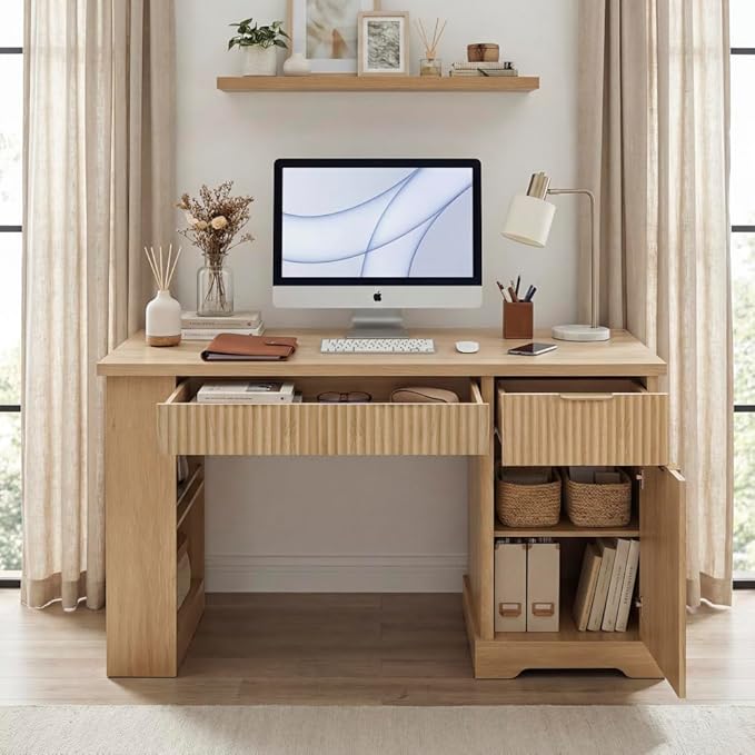 Modern Fluted Office Desk with Storage Cabinet Drawers Power Outlet Pegboard Built-in Shelves Keyboard Tray for Home Office Study Living Room (Light Oak)