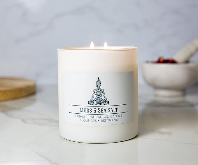Carolina Moss & Sea Salt Scented Candle, 16 oz Wellness Relaxing Aromatherapy Candle, 2 Wick White Jar Soy Blend Wax, Candles for Home, 60H Burn - Made in The USA