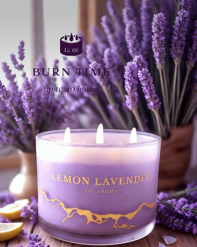 Lemon Lavender Scented Candles - 100% Natural Soy Wax - Large 3 Wick Jar Candle - Up to 50 Hours Burning Time - Candles for Home - Gift-Ready Candle for Men & Women - Aromatherapy