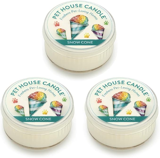 Pet House Mini Candles for Pet Odor Made with Natural Soy Wax, Plant Based, Dog and Cat Friendly Scented, Snow Cone Pack of 3