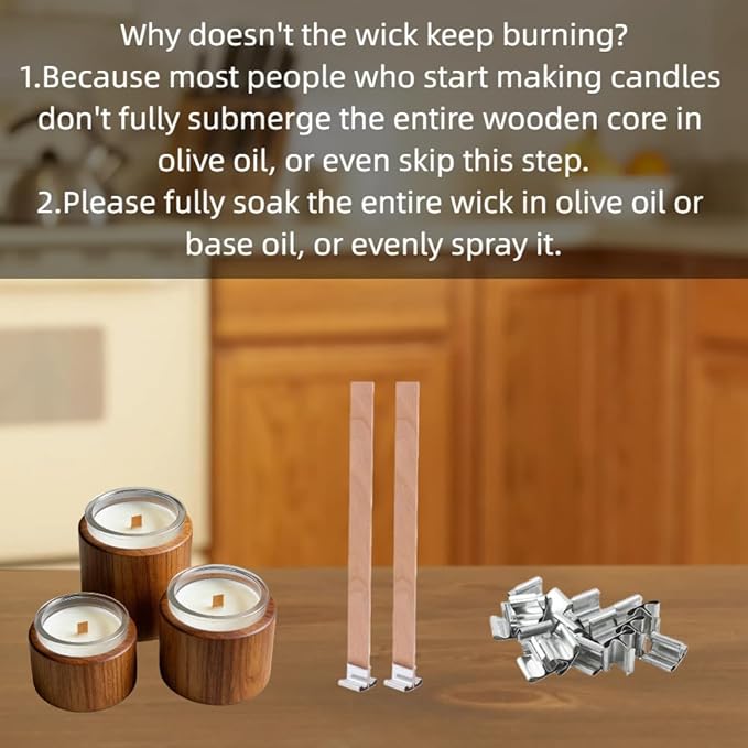 100-Pack Crackling Wooden Candle Wicks — Natural Thick & Smokeless, 0.75 x 5.12 Inch, with Metal Wick Clips and Holder Bases