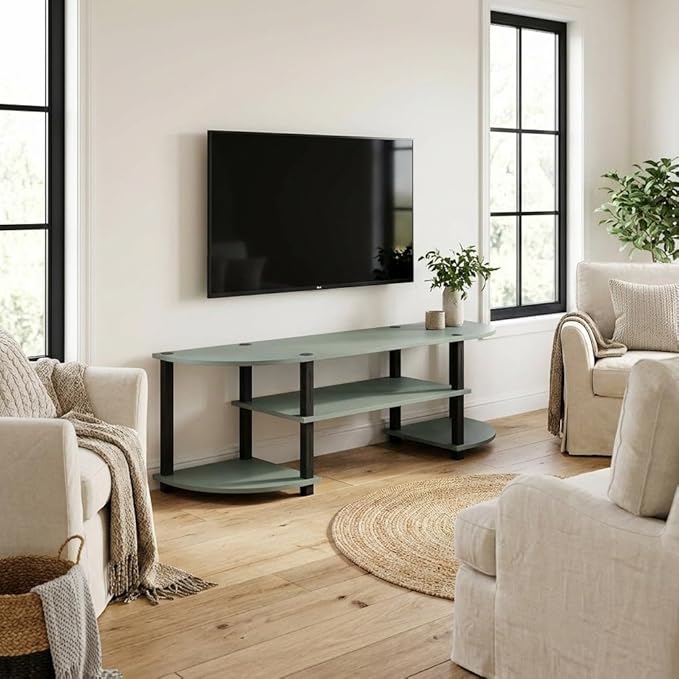 Furnifact Sage Green Entertainment Center for TV up to 55 Inch, Round Corner Design, Open Shelves, Engineered Wood Construction, Modern Home Media Stand