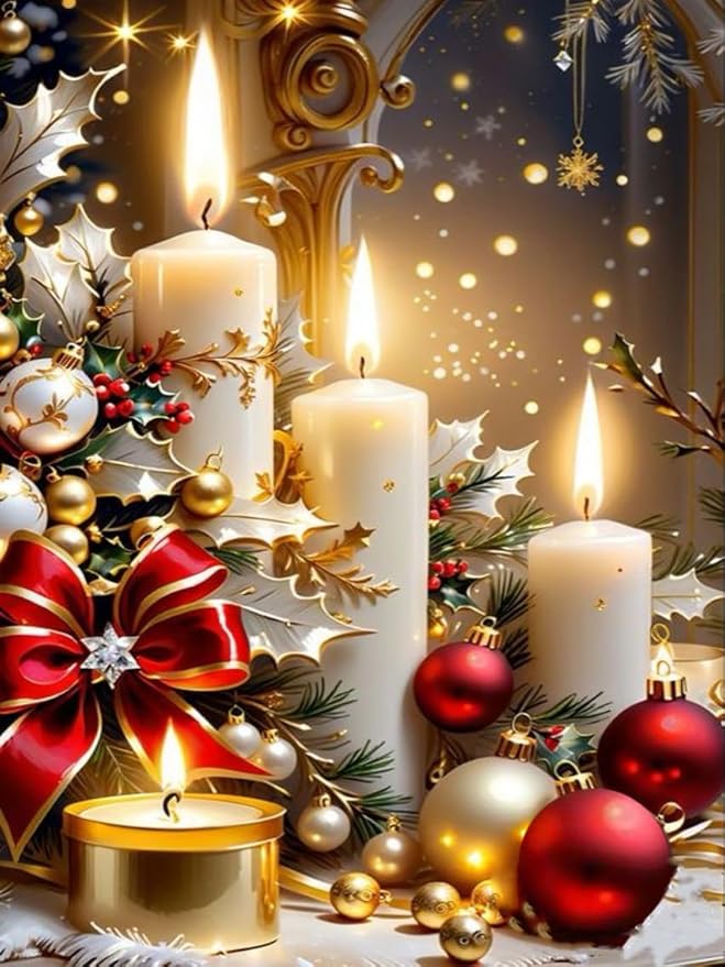Mrnsiet Christmas Diamond Painting Kits for Adults, Christmas Candles Diamond Art for Beginners, 5D Round Full Drill Winter Diamond Painting Gem Art Kits for Home Wall Decor 12x16inch