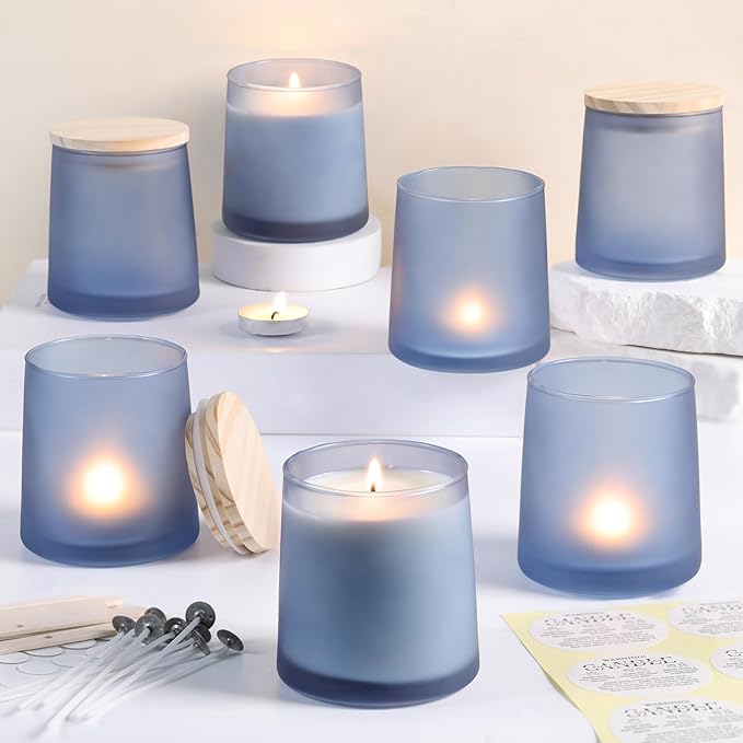 DARJEN 12 Pack Frosted Blue Candle Jars for Making Candles- 9 OZ Empty Glass Candle Making Jars with Making Kits, Candle Making Supplies Candle Containers for Home DIY & GIFS