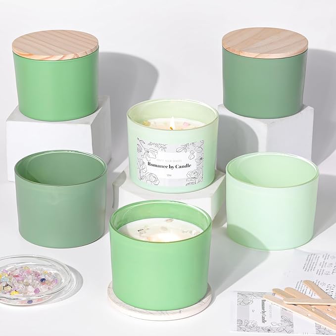 6Pcs Assorted Green Candle Jars for Making Candles, 12oz Empty Candle Jars with Bamboo Lids,Labels and 100g Crystal Rocks, Glass Jars for Candle Making Supplies, Candle Containers for DIY Gifts