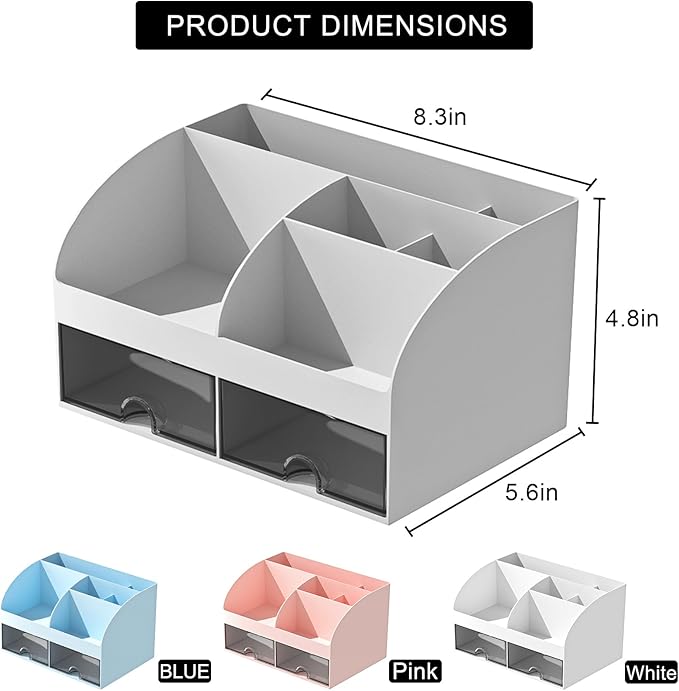 COMFYROOM Desk Organizer with 6 Compartments and 2 Drawers, Plastic Makeup Organizer, Pen Holder for Desktop Storage, Desk Organization for School, Home, Office Supplies (Grey)