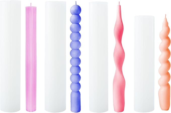 4 PCS Taper Candle Mold - Pillar Long Strip Candle Molds, 3D Silicone Candlestick Making Supplies, Cylinder Wave Twisted Strip Beaded Candlestick Casting Forms for Home Holiday Decor