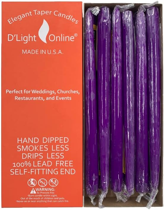 D'light Online Elegant 12" Unscented Purple Taper Candles, Premium Quality Hand-Dipped Tapered Candles, Dripless Tapers and Smokeless - Individually Wrapped (12 Inch, Purple)