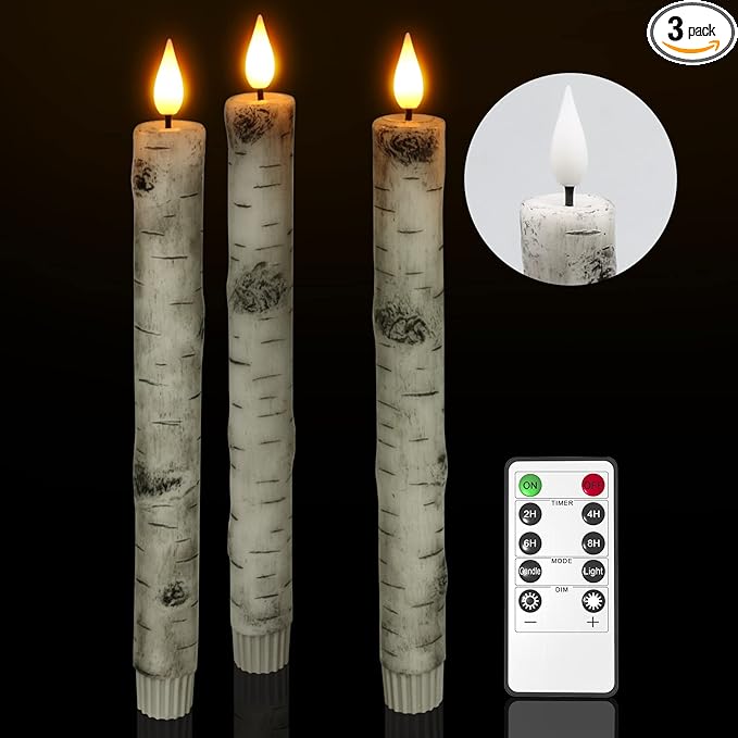 PChero Flameless Taper Candles with Remote Timer, Pack of 3 Birch Bark Real Wax Battery Operated Candlesticks, 9.6 Inches LED Flickering Window Candles for Home Wedding Christmas Decor