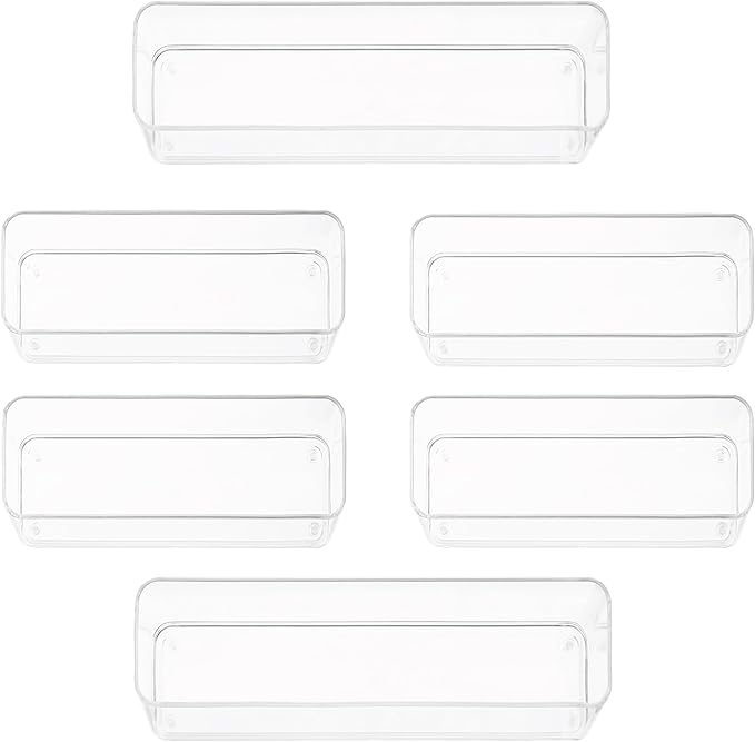 primebox Six Pcs. Plastic Clear Drawer Organizers. Stackable Storage Trays for Kitchen Utensils and Silverware. 2 Sizes. Stackable
