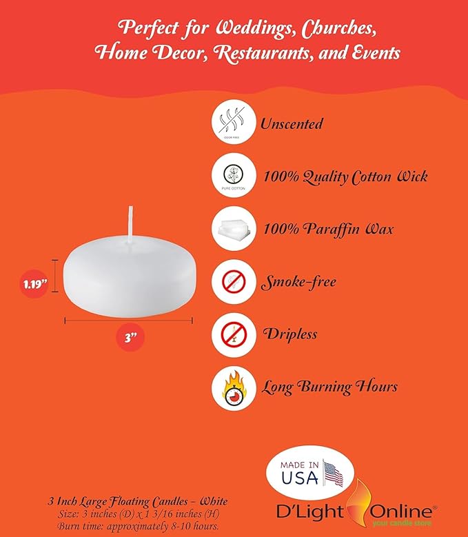 D'light Online Large White 3 Inch Floating Candles for Events, Centerpieces, Spa, Pool, Home Decor, Cylinder Vases and Holiday Decor - (White, Set of 108)