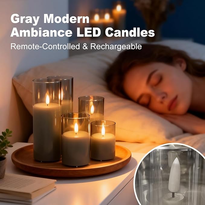 Rechargeable Flameless Candles, Realistic Flickering LED Flame,Real Wax Candle with Remote Control and Timer, Clear Glass Electronic Candles, 1 Set of 5（Gray）